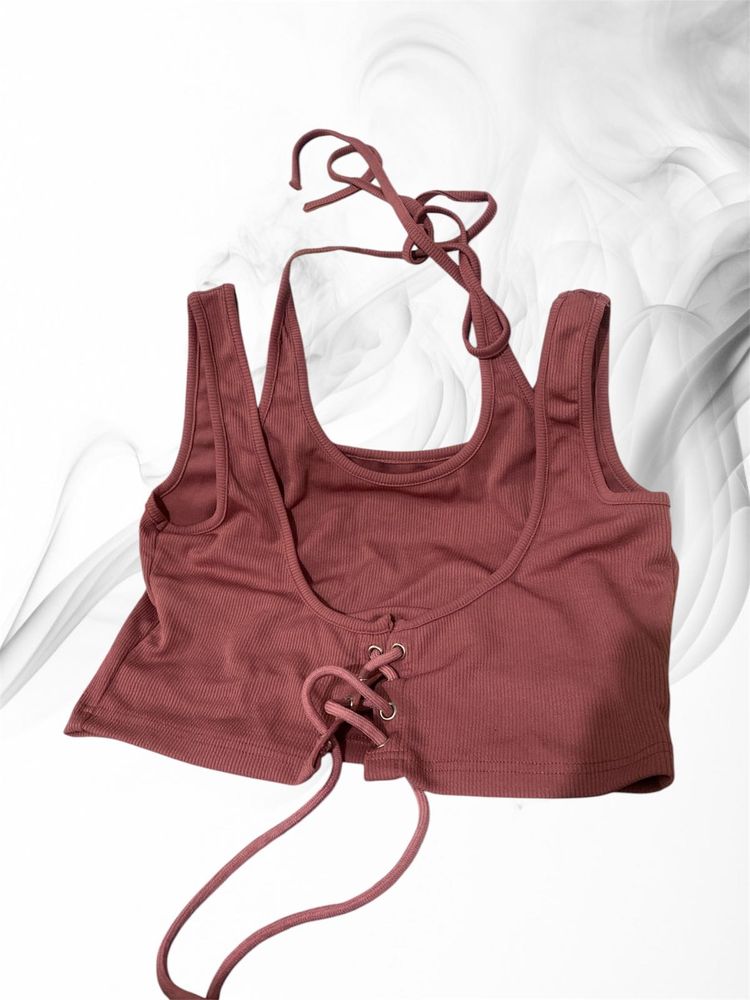 Ribbed Lace-Up Crop Top