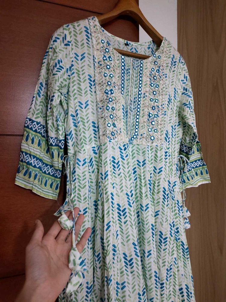 White-Blue-Green Ethnic Gown With Embroidery🌊✨