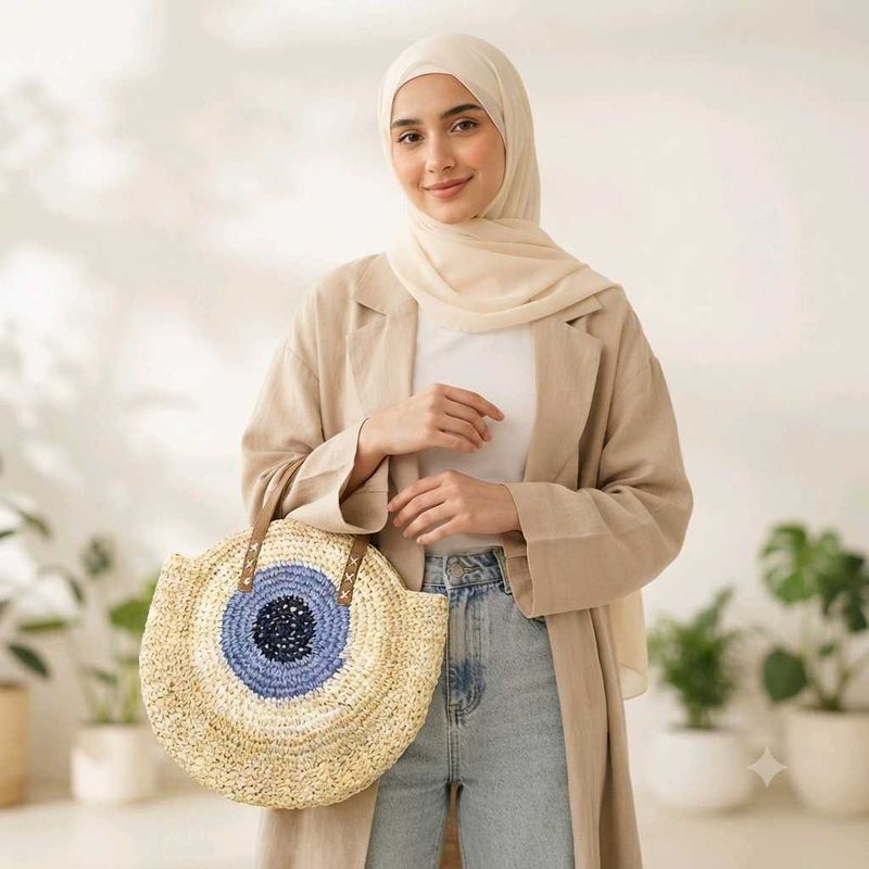 Straw Round Tote Bag with Blue Eye Design
