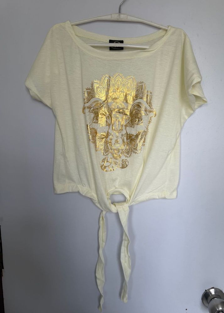 Gold Elephant Graphic Tie-Front Top