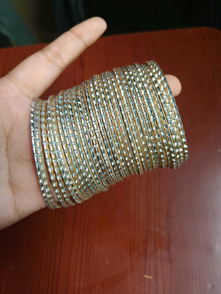 Silven And Golden Diomond Cut Metal Bangles