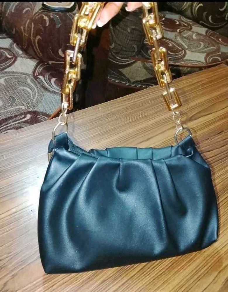 Chic Black Ruched Clutch with Gold Chain