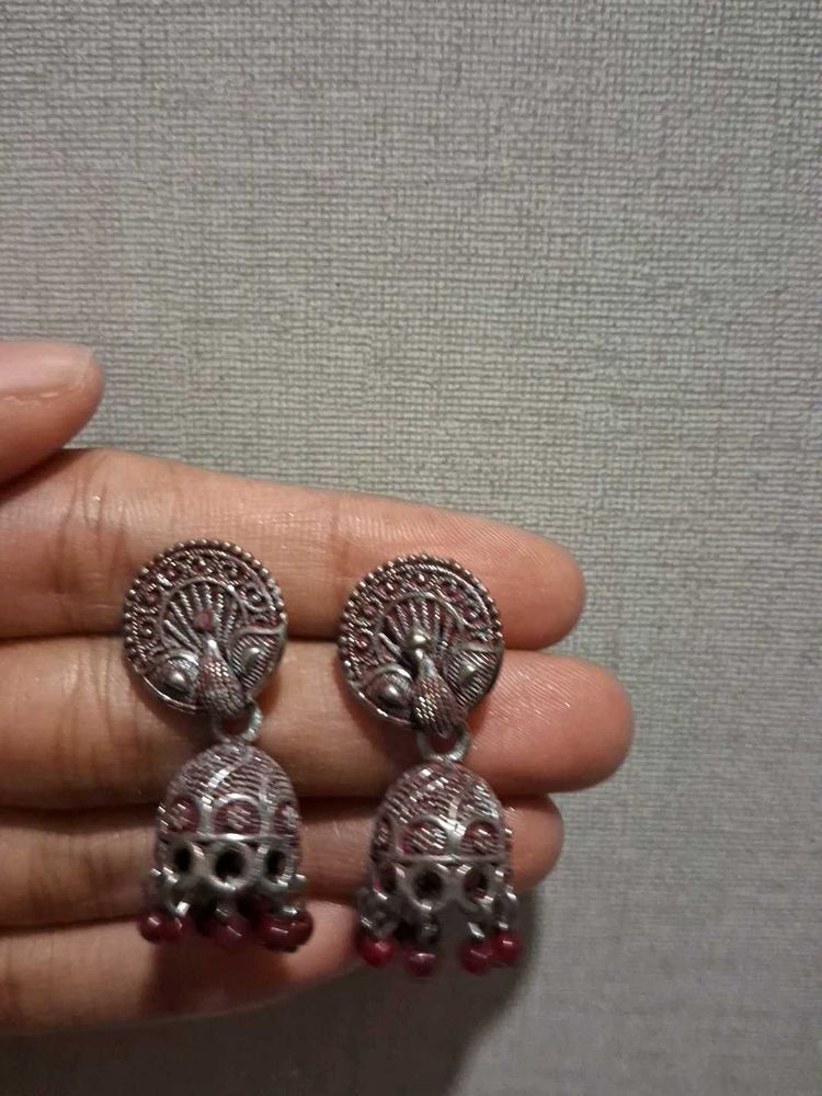 Oxidised Silver Peacock Jhumka Earrings