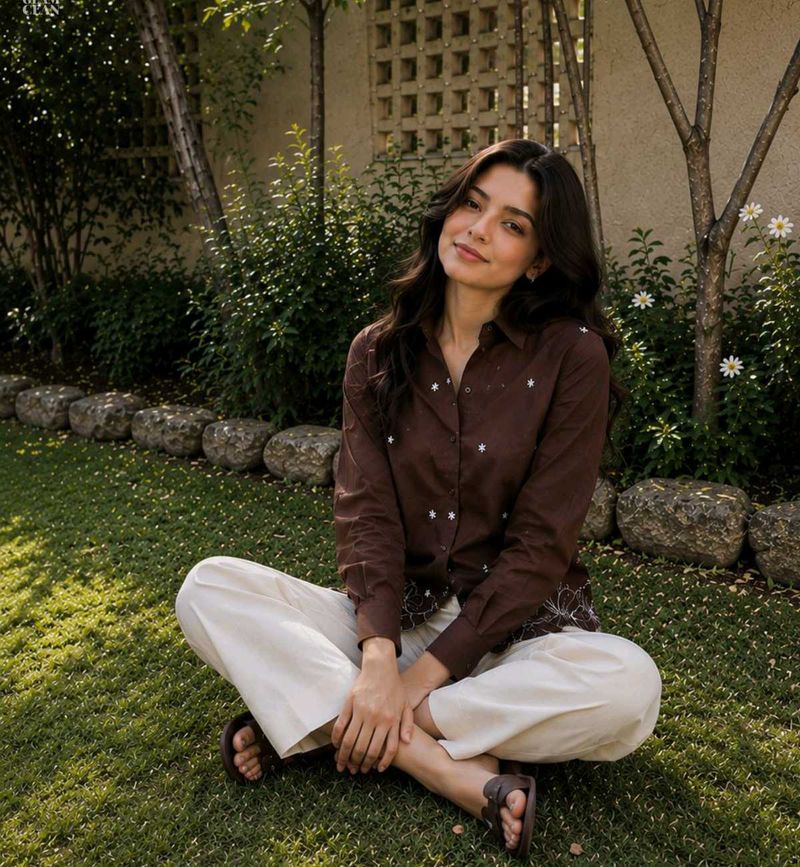Chic Brown Embroidered Button-Up Shirt