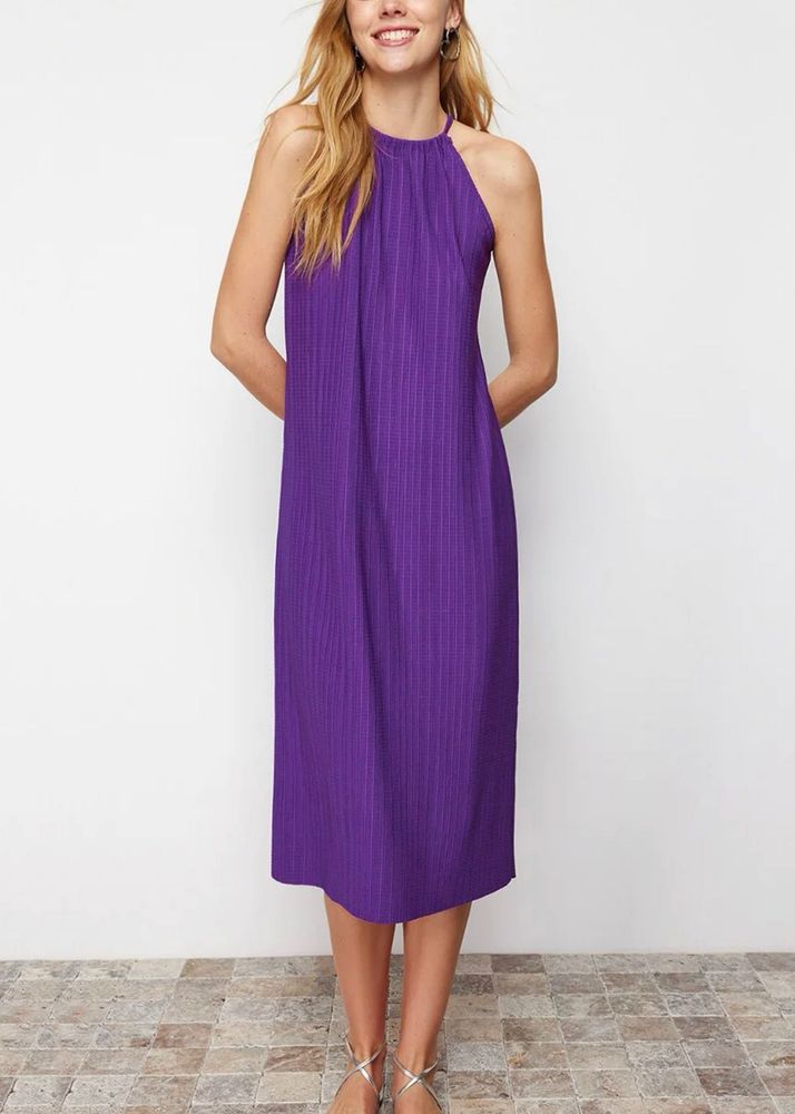 New!pleated  Purple Halter Neck Midi Dress