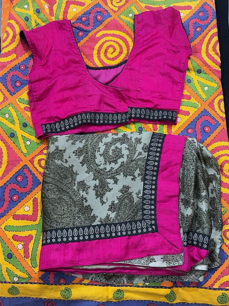 Beautiful Grey Paisley Saree with Pink Blouse
