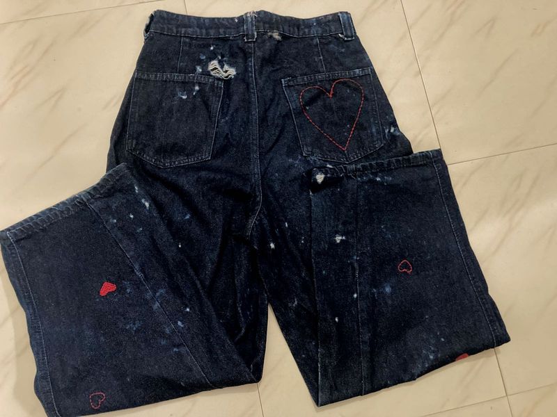 Dark Wash Jeans with Heart Embroidery