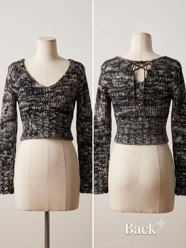 Cropped Knit Sweater with Lace-Up Detail