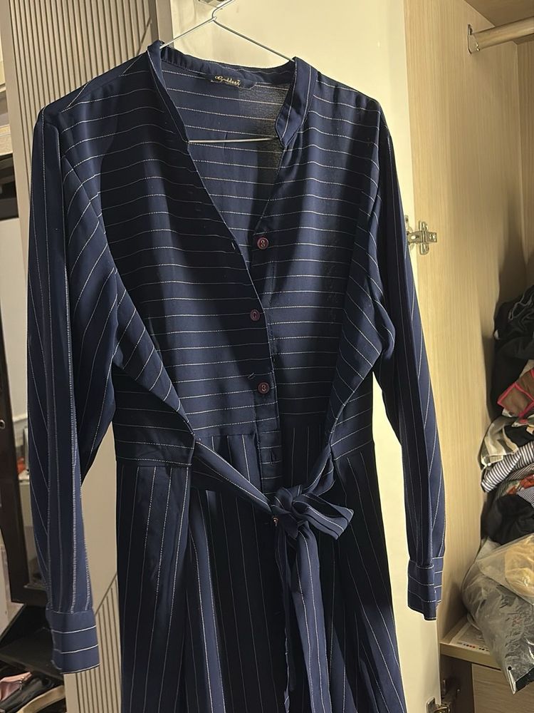 Navy Striped Button-Up Midi Dress