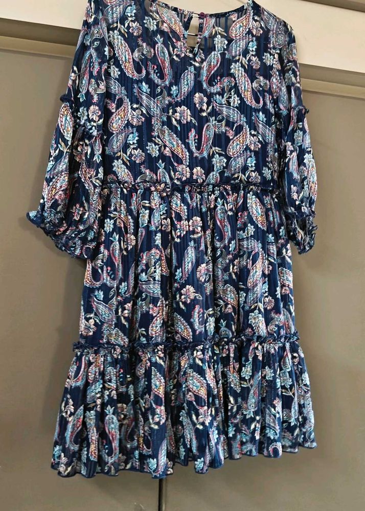 Navy Blue Paisley Print Tiered Dress