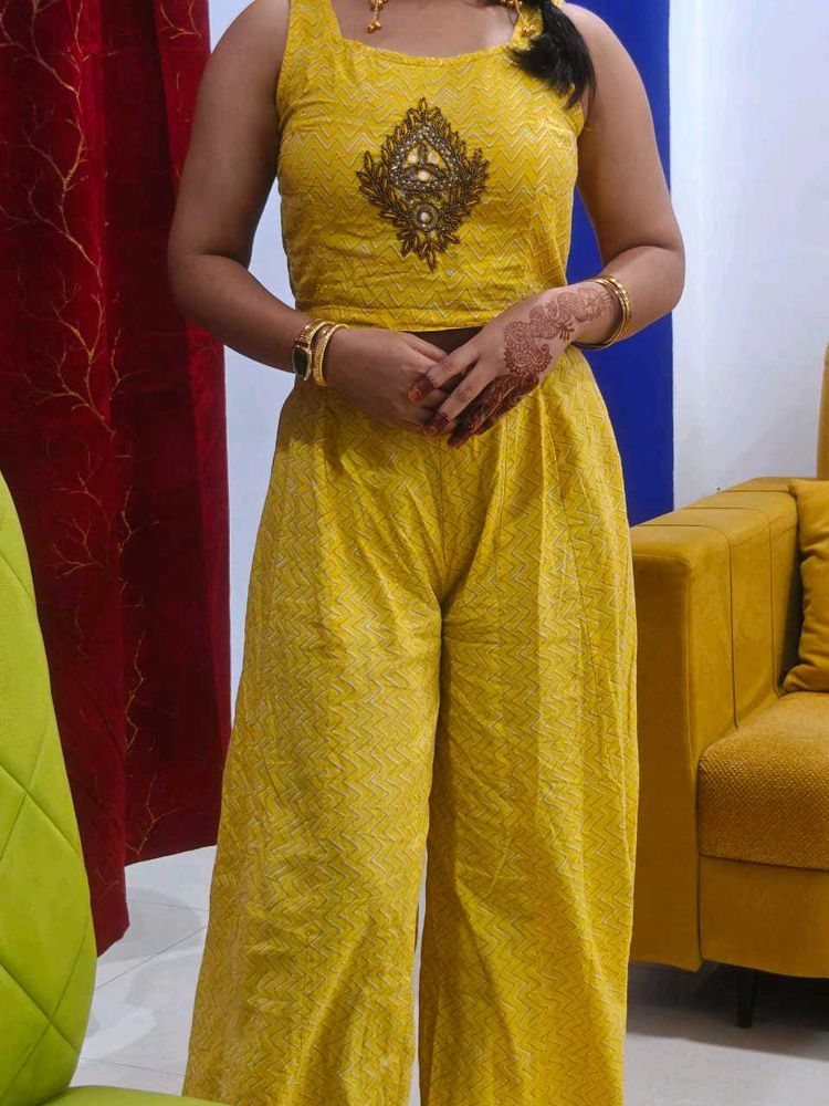 Yellow Embroidered Crop Top Palazzo Set
