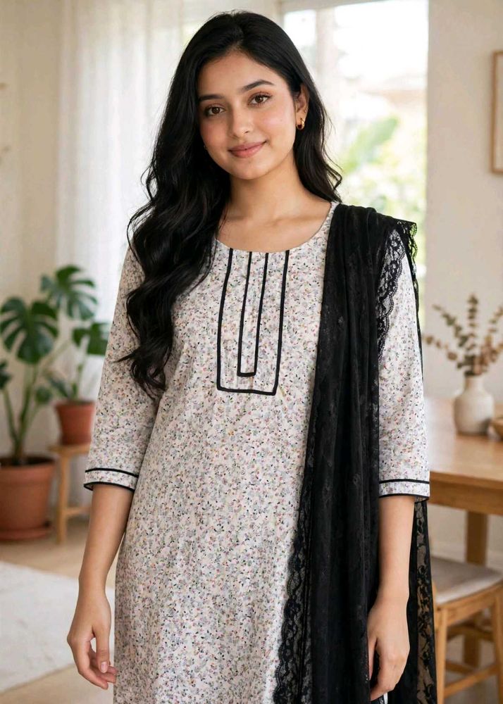 Chic Floral Kurta Set with Black Dupatta