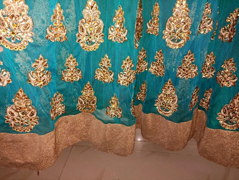 Teal &amp; Golden Peacock Green Anarkali Ethnic Gowns