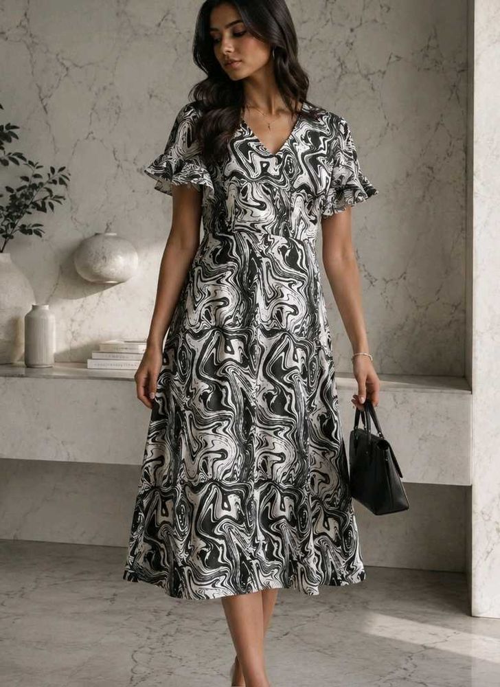 Black &amp; White Swirl marble abstract Midi Dress