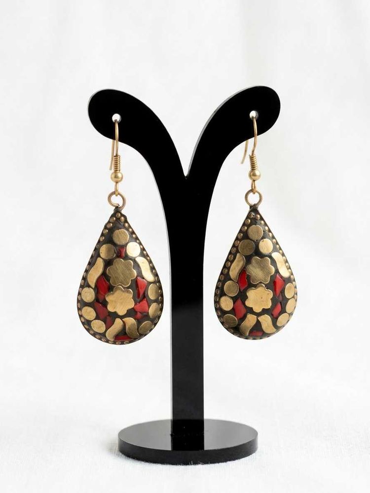 Boho Teardrop Earrings with Red &amp; Gold Detail