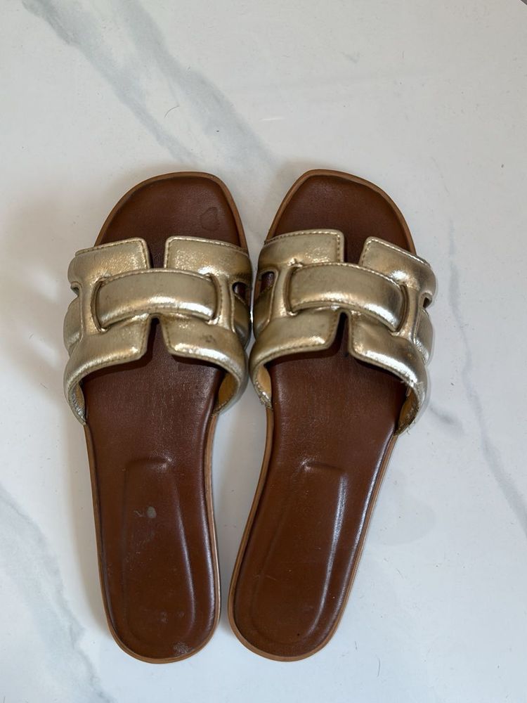 Gold Metallic H Slides Sandals