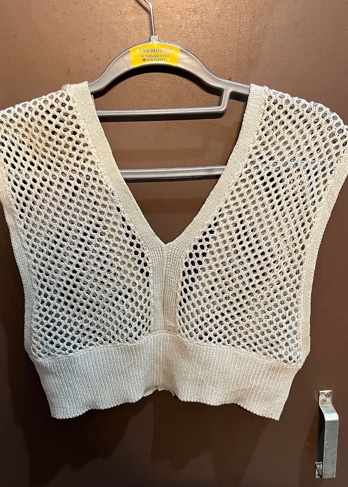 Cream Crochet V-Neck Sleeveless Top