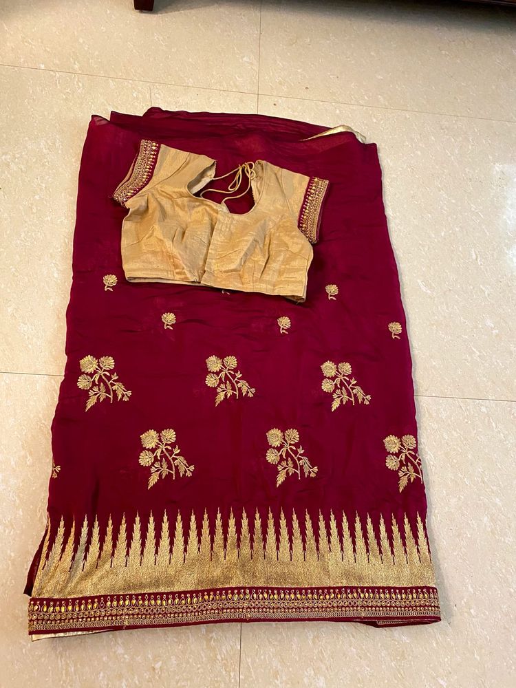 Maroon Saree with Golden Border and Blouse