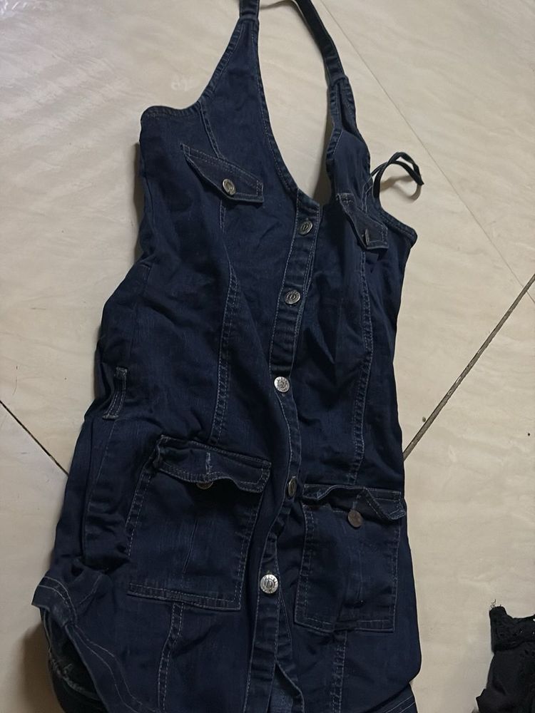 halter neck denim dress