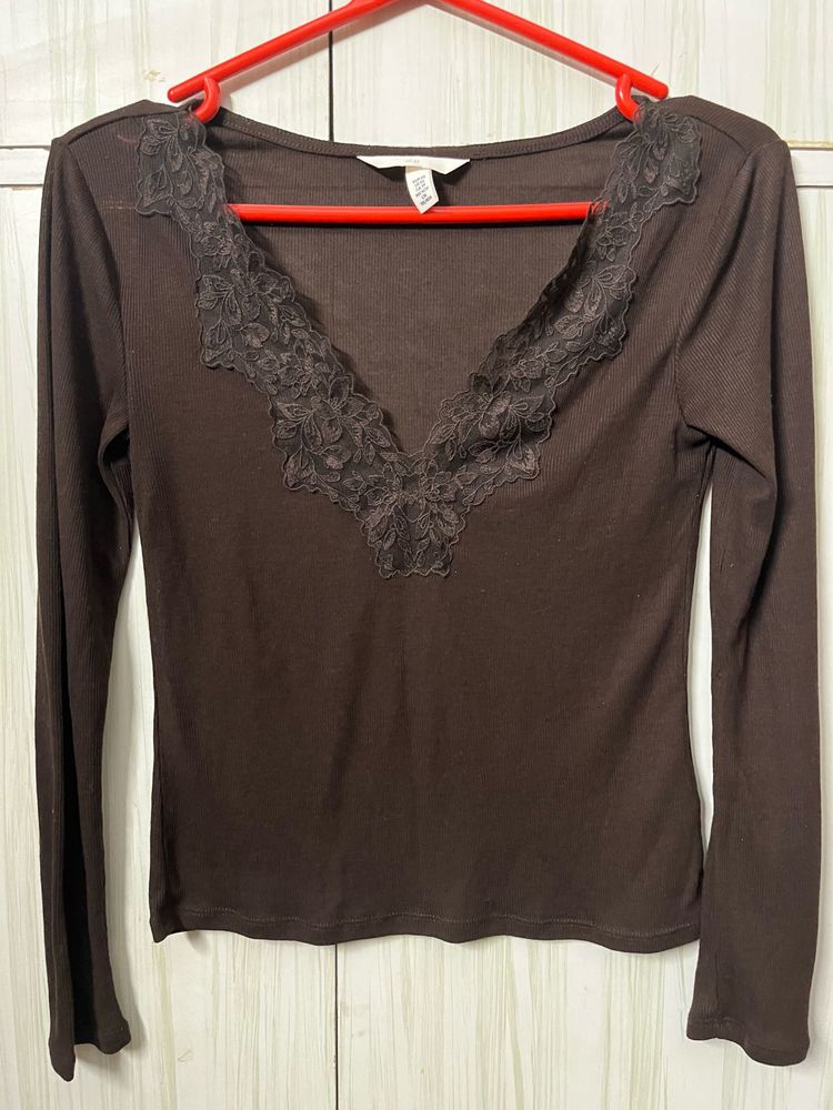 Brown Ribbed Lace Neckline Top