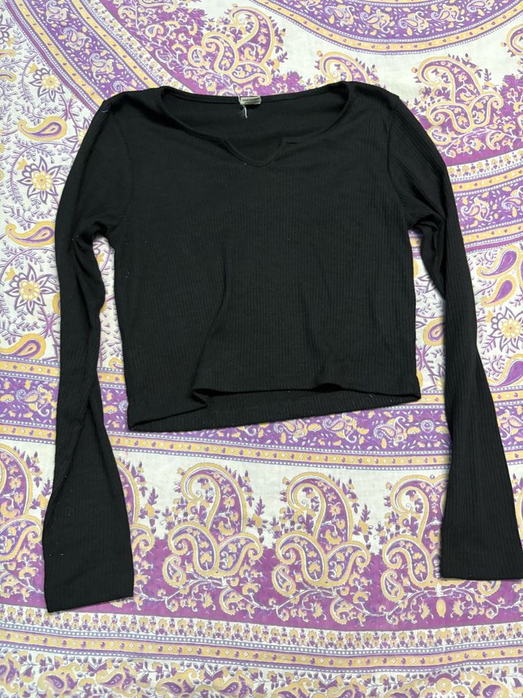 Black Ribbed Bell Sleeve Crop Top