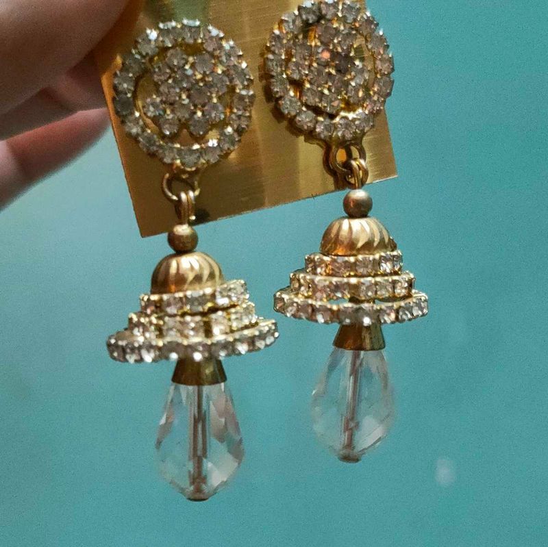 Gold Plated American Diamond Jhumka Earrings with