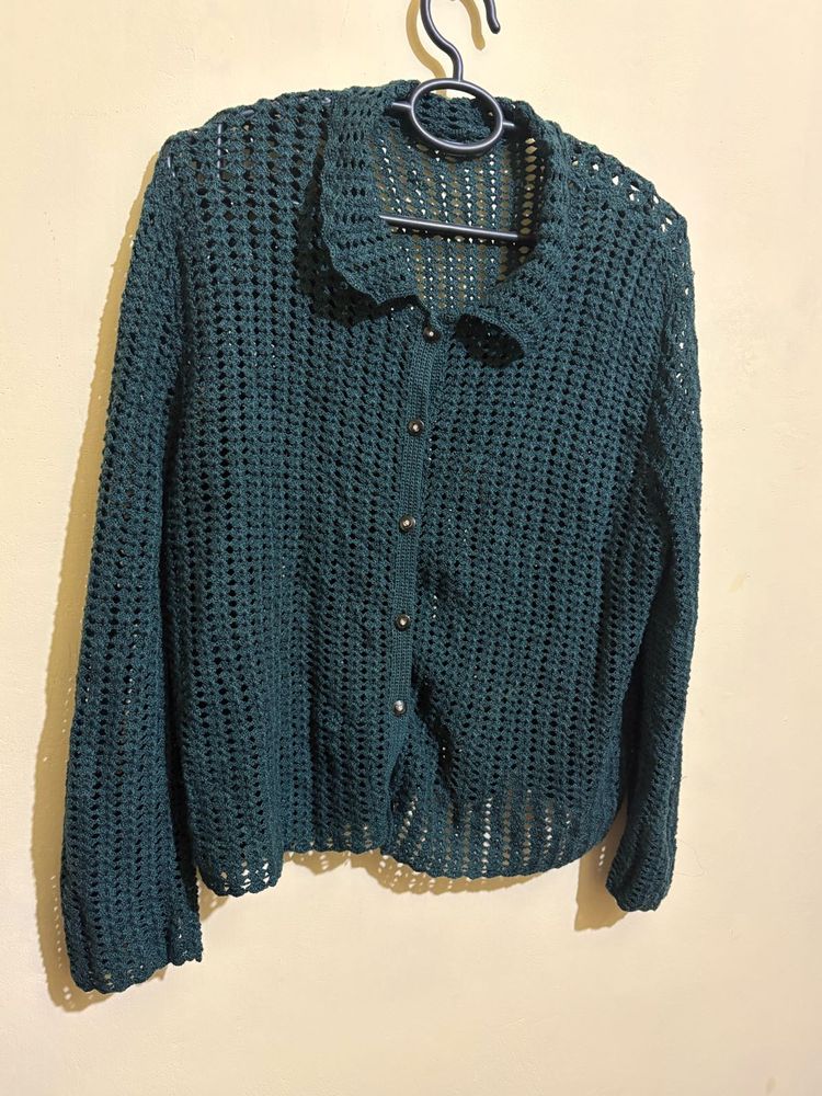 Dark Green Crochet mesh Button-Up Cardigan