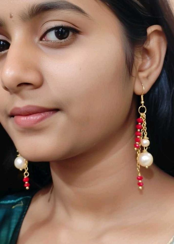 Handmade Elegant Pearl and Red Stone Drop Earrings