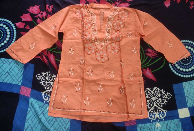 Orange Embroidered Cotton Kurta