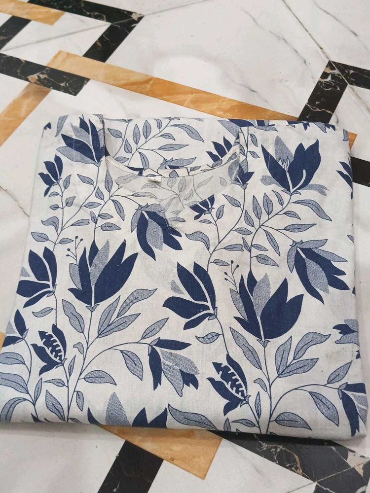 Elegant Blue Floral Print Cotton Kurta