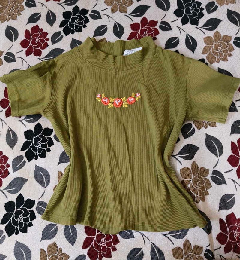 Olive Green Embroidered Rose T-Shirt