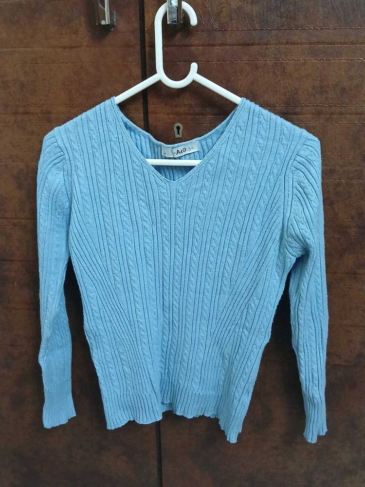 Light Blue Cable Knit V-Neck Sweater
