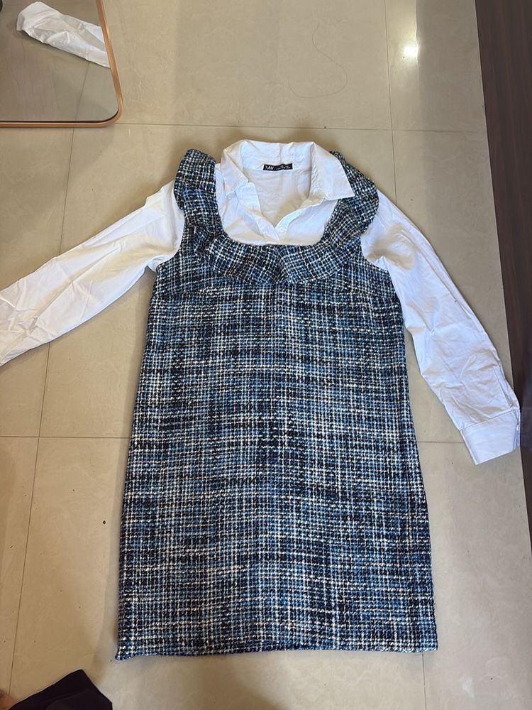 Tweed Pinafore Dress with White Shirt