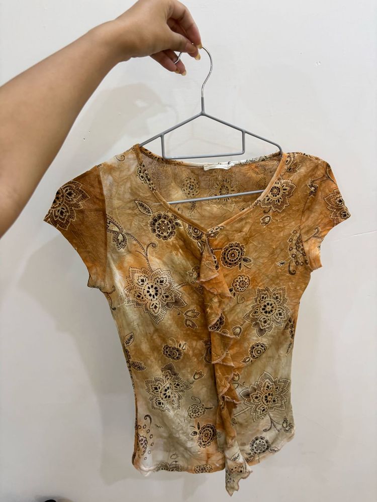 Sheer y2k Floral Print Top with Ruffles