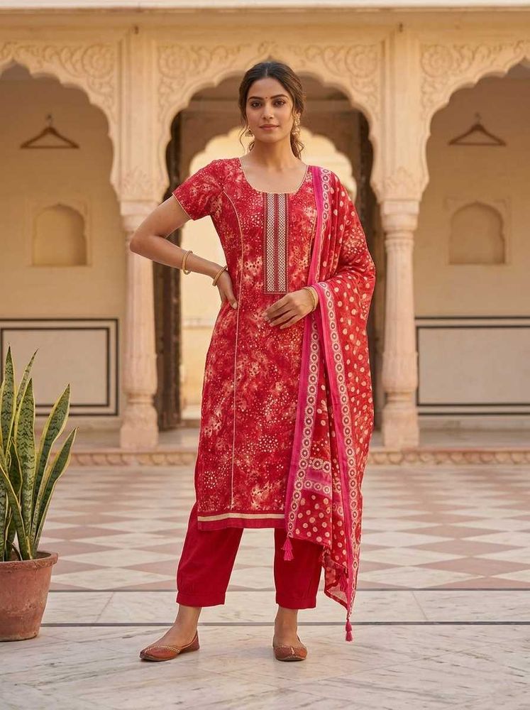 Beautiful Red Printed Kurta Set with Dupatta