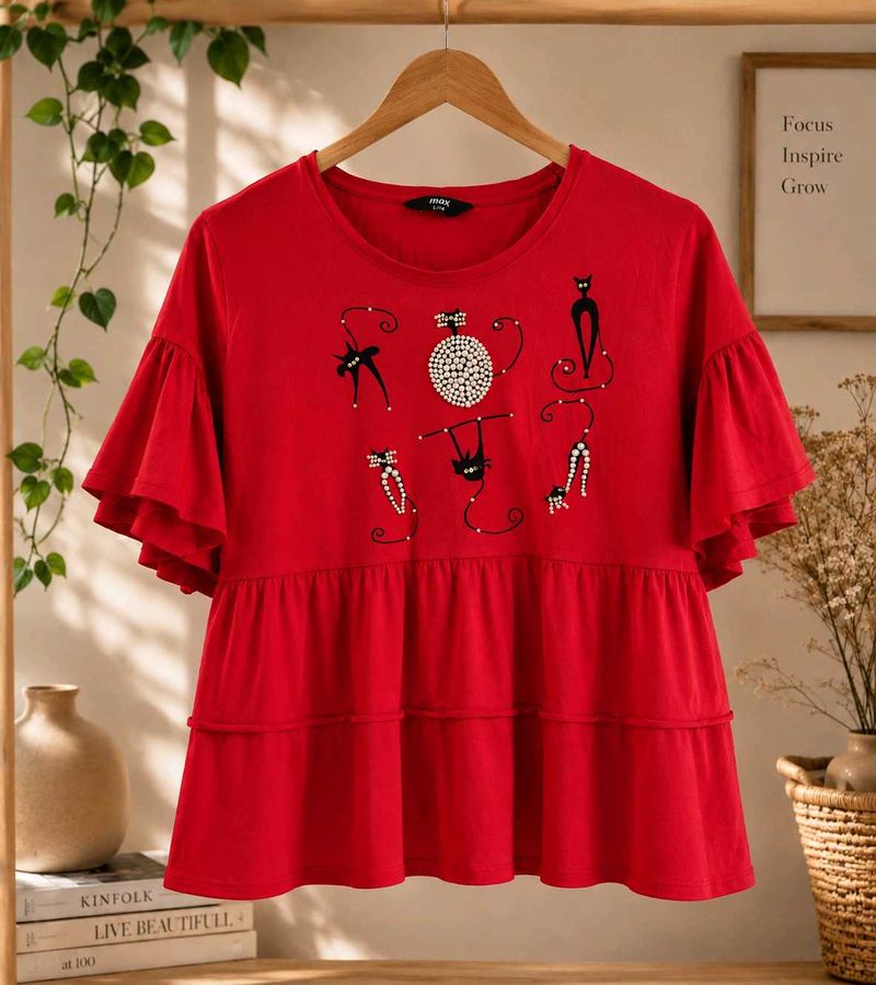 Cute Red Cat Ruffled Top