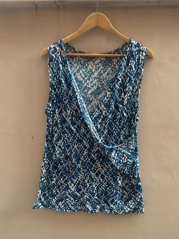Stylish Sleeveless Blue Abstract Print Top