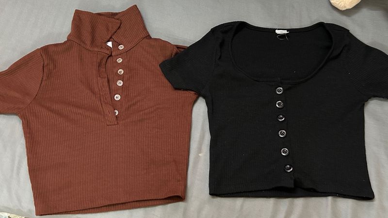 Ribbed Button-Up Crop Tops (Set of 2)(XS)