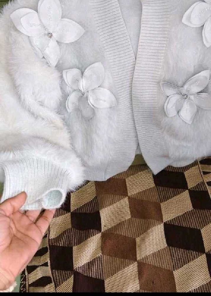 White Fuzzy Cardigan with Flower Appliques