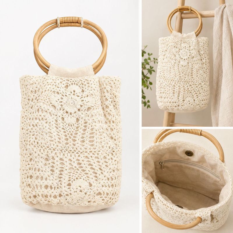 Crocheted Bucket Bag with Wooden Handles