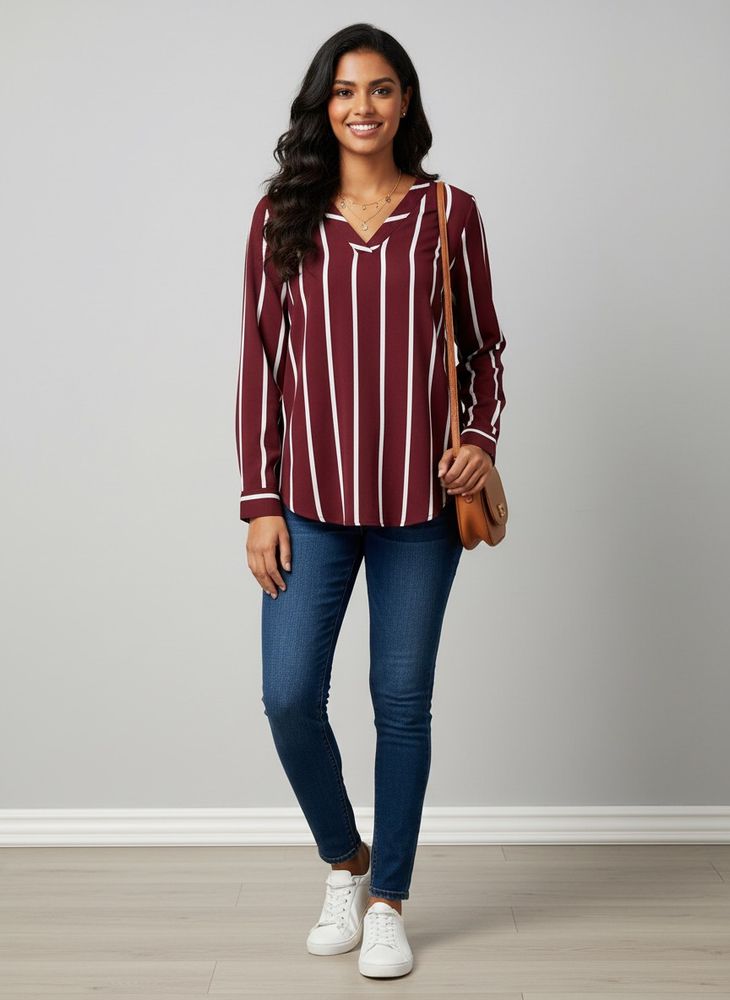 Maroon Striped V-Neck Top