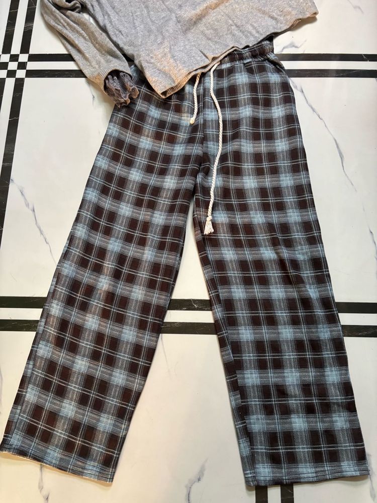 Plaid Wide Leg Pants &amp; Grey Top