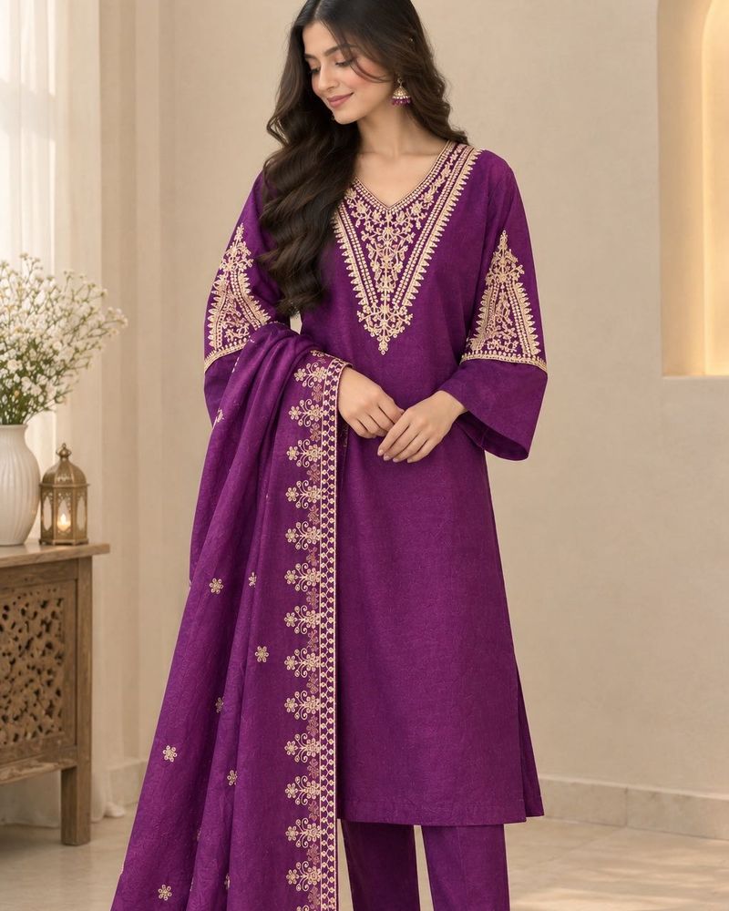Elegant Embroidered Purple Kurta Set