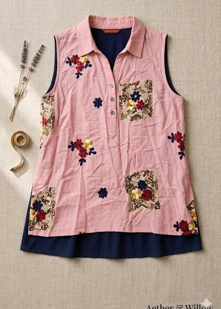 Embroidered Pink Sleeveless Kurta