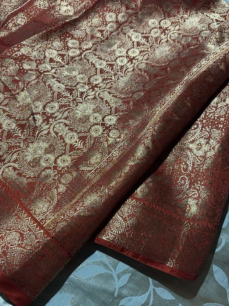trendy Maroon Silk Saree with Gold Embroidery