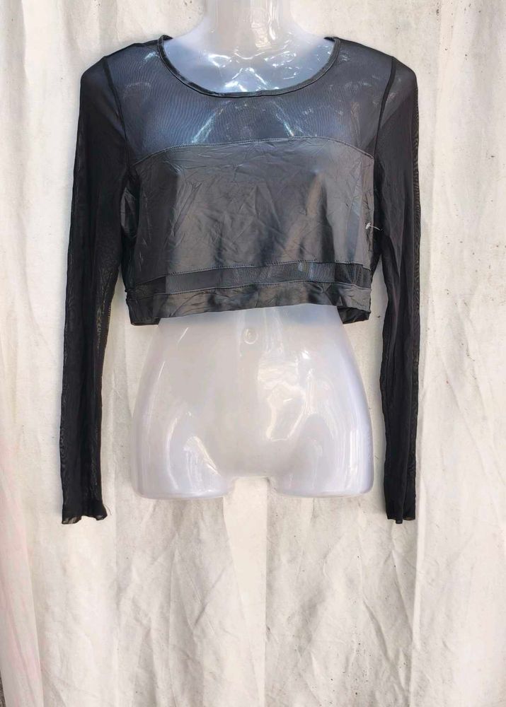 75209. Sheer Long Sleeve Mesh Crop Top