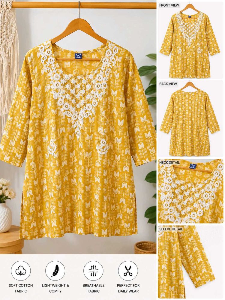 Yellow Embroidered Cotton Kurta