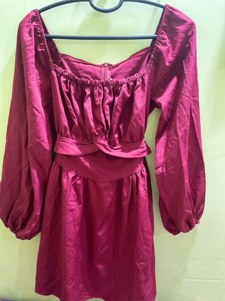 Maroon Puff Sleeve Square Neck Dress