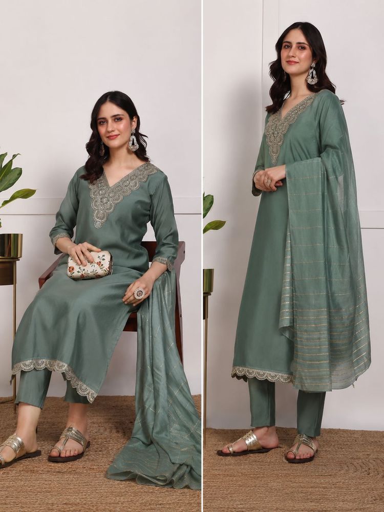 Elegant Green Embroidered Kurta Set with Dupatta