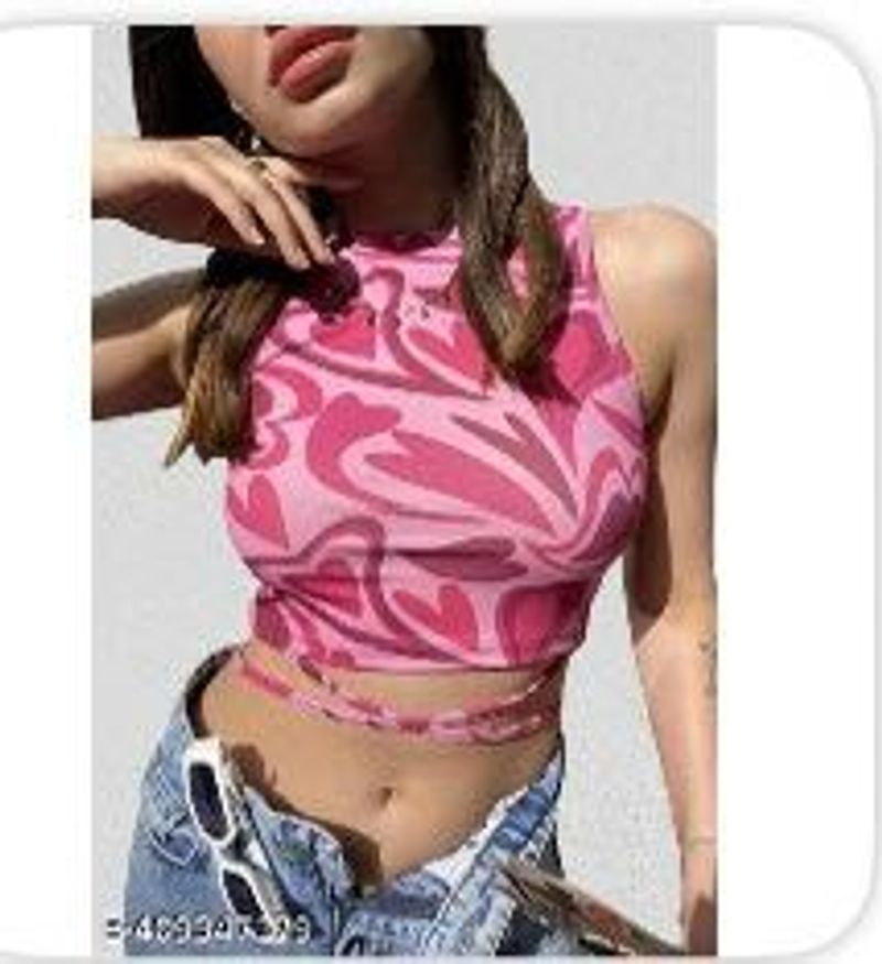 Trendy Pink Heart Print Crop Top